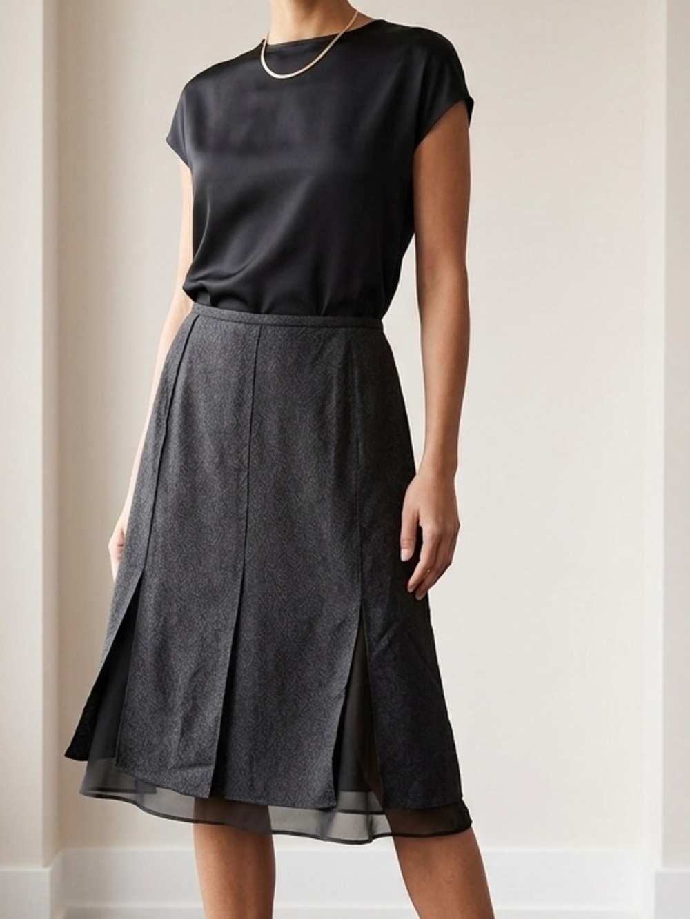 Black Textured Skirt With Sheer Trim